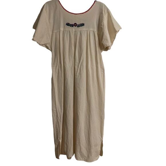 Vintage Mexican Floral Embroidered Flax Muslin Hemp Huipil Dress M - Picture 3 of 7
